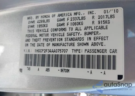 2010 Honda Accord 2.4 Lx z USA, uszkodzony, nr VIN 1HGCP2F34AA075707